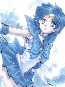 1girl back_bow bishoujo_senshi_sailor_moon blue_bow blue_choker blue_eyes blue_hair blue_sailor_collar blue_skirt bow bright_pupils brooch choker circlet closed_mouth earrings elbow_gloves gloves highres jewelry looking_to_the_side magical_girl sailor_collar sailor_mercury sailor_senshi_uniform shirako_(kirupi) short_hair short_sleeves skirt solo white_gloves white_pupils