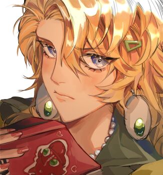 1girl blonde_hair blonney closed_mouth earrings green_jacket hair_between_eyes hair_ornament hairclip hand_up highres holding holding_notebook jacket jewelry mikalsuki notebook portrait purple_eyes reverse:1999 solo white_background