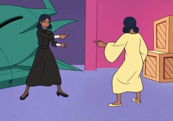 2girls bindi black_dress black_shoes box commentary_request crate dark_skin double_bun dress dual_persona elmeth green_eyes gundam gundam_gquuuuuux hair_bun lalah_sune marvel meme mobile_armor mobile_suit_gundam multiple_girls pointing pointing_spider-man_(meme) science_fiction shoes spider-man_(series) spoilers syaparinton yellow_shoes