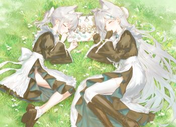2girls absurdres animal_ear_fluff animal_ears apron ascot black_dress black_shoes blue_archive blue_eyes blue_halo boots closed_eyes commentary cross_hair_ornament day dress english_commentary eshineko frilled_apron frills from_above green_halo grey_hair hair_ornament halo highres juliet_sleeves long_hair long_sleeves lying maid maid_apron medium_hair multiple_girls on_grass on_side outdoors parted_lips puffy_sleeves shiroko_(blue_archive) shiroko_terror_(blue_archive) shoes sleeping socks thigh_boots thighhighs very_long_hair white_apron white_ascot white_socks white_thighhighs wolf_ears