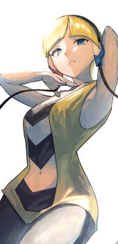 1girl absurdres bare_shoulders black_pantyhose blonde_hair blue_eyes blunt_bangs breasts closed_mouth commentary_request dress elesa_(pokemon) frown headphones highres nintendo pantyhose pokemon pokemon_bw rasoso_(wyzx4524) short_hair sidelocks simple_background sleeveless solo white_background yellow_dress