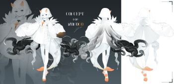 1girl :/ absurdres black_eyes breasts collar corset crinoline dress fins fish_tail fur_collar gradient_horns highres horns jacket jellyfish_cut koi leggings looking_at_viewer multicolored_horns multiple_views original oversized_clothes reference_sheet single_leg_pantyhose spot_color tail tentacles white_dress white_hair white_jacket white_leggings yellow_pupils yoimon zoom_layer