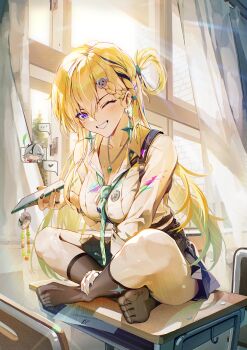 Rule 34 | 1girl, absurdres, aqua necktie, black nails, black skirt, black socks, blonde hair, braid, braided bangs, breasts, camellya mascot (meme), cellphone, classroom, cleavage, commentary, curtains, desk, english commentary, gradient hair, green hair, grin, hair between eyes, hair ornament, highres, holding, holding phone, jelmul, large breasts, long hair, looking at viewer, lynae (wuthering waves), meme, multicolored hair, nail polish, necktie, no shoes, on desk, one eye closed, phone, purple eyes, school desk, shirt, shirt tucked in, sitting, skirt, skull hair ornament, smartphone, smile, socks, solo, toes, white shirt, window, wuthering waves