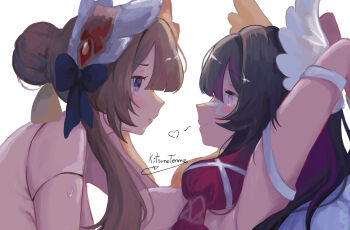 2girls armpits arms_up black_hair bonnet breasts brown_hair closed_mouth columbina_(genshin_impact) commentary doll_joints english_commentary eye_contact genshin_impact hair_bun heart highres joints kitsunetenma looking_at_another multicolored_hair multiple_girls nude profile purple_eyes purple_streaks sandrone_(genshin_impact) simple_background smile streaked_hair sweatdrop white_background white_bonnet yuri