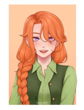 1girl absurdres border braid braided_ponytail buttons collared_shirt commentary english_commentary freckles green_shirt green_vest highres leah_(stardew_valley) lips long_hair long_sleeves looking_at_viewer mugen0017 open_mouth orange_background orange_hair outside_border pink_lips purple_eyes shirt simple_background smile solo stardew_valley teeth upper_teeth_only very_long_hair vest white_border