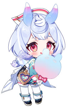 1girl :q absurdres animal_ears blue_hair blush bow chibi chibi_only closed_mouth commentary_request full_body genshin_impact gloves hat heart heart_in_eye highres holding leaning_forward long_sleeves looking_at_viewer meda_cha melusine_(genshin_impact) nurse_cap pink_bow red_bow red_eyes sigewinne_(genshin_impact) signature simple_background solo standing symbol_in_eye thighhighs tongue tongue_out white_background white_gloves white_thighhighs