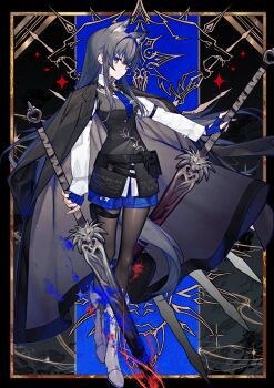 1girl animal_ear_fluff animal_ears arknights black_coat black_hair black_pantyhose black_tail black_vest blue_eyes blue_gloves bolo_tie boots border buttons closed_mouth coat coat_on_shoulders collared_shirt commentary dual_wielding fingerless_gloves full_body gloves grey_boots hair_between_eyes highres holding holding_sword holding_weapon knee_boots long_hair long_sleeves looking_at_viewer multicolored_eyes official_alternate_costume ornate_border pantyhose profile shirt solo sparkle star_(symbol) sword tail texas_(arknights) texas_the_omertosa_(arknights) thigh_strap two-tone_eyes vest weapon white_shirt wolf_ears wolf_girl wolf_tail yellow_eyes yononaka