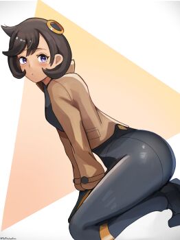 1girl black_bodysuit black_shoes blush bodysuit bodysuit_under_clothes brown_hair brown_jacket closed_mouth commentary_request emma_(pokemon) from_side gloves hands_on_own_legs highres jacket long_sleeves looking_to_the_side nintendo pokemon pokemon_legends:_z-a purple_eyes ring_hair_ornament shoes short_hair solo thedarkestuno