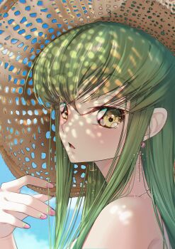 1girl absurdres alternate_costume backlighting bare_shoulders blue_sky blush budgiepon c.c. cherry_blossoms close-up code_geass commentary_request dappled_sunlight day earrings eyelashes eyes_visible_through_hair food_print from_side fruit_print glint green_hair hair_between_eyes hand_up hat highres holding holding_unworn_clothes holding_unworn_hat jewelry lips long_hair looking_at_viewer nail_polish necklace nose outdoors parted_lips pink_nails sidelocks sky solo straight_hair straw_hat sunlight unworn_hat unworn_headwear watermelon_print yellow_eyes