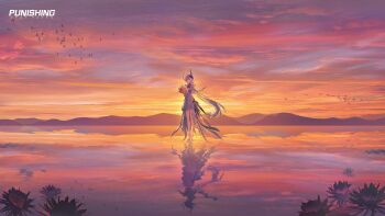 Rule 34 | 1girl, absurdres, ankle cuffs, body markings, bouquet, cloud, copyright name, floating headgear, flock, flower, frilled cuffs, headgear, highres, holding, holding bouquet, liv: limpidity (pgr), liv (pgr), long hair, looking at object, lotus, mountainous horizon, official art, parted lips, ponytail, punishing: gray raven, purple eyes, reflection, reflective liquid, single ankle cuff, solo, standing, sunset, tiptoes, very long hair, very wide shot, white hair, white wrist cuffs, wrist cuffs