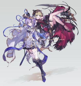 2girls arm_up black_dress black_gloves black_shoes blonde_hair blue_eyes blue_ribbon book boots brooch closed_mouth commentary dress frilled_dress frills garter_straps gloves hand_on_own_cheek hand_on_own_face hand_up high_heels highres holding holding_scythe holding_sword holding_weapon indie_utaite jacket jewelry long_hair long_sleeves looking_at_viewer medium_hair military_uniform multicolored_dress multicolored_hair multiple_girls open_mouth pleated_skirt purple_eyes purple_hair purple_streaks red_dress ribbon ringringfonz ruru_(utaite) scythe shirt shoes single_garter_strap skirt sleeves_past_wrists standing sword teeth thigh_strap thighhighs thighs tug_(utaite) twitter_username weapon white_background white_jacket white_shirt white_thighhighs zettai_ryouiki