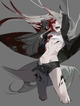 1girl absurdres alternate_breast_size_(smaller) amrkdrw animal_ear_fluff animal_ears arknights arms_behind_head arms_up bandeau bare_legs black_jacket black_shorts bleeding blood blood_from_forehead blood_in_hair blood_on_chest blood_on_clothes blood_on_face blood_on_leg bloody_tears crazy crazy_eyes crazy_smile cropped_legs eyelashes feet_out_of_frame flat_chest floating_clothes floating_hair from_side grey_background grey_hair grey_tail groin half-closed_eye highres injury jacket knees lappland_(arknights) leaning leaning_back legs long_hair long_sleeves looking_at_viewer looking_to_the_side material_growth messy_hair midriff multiple_scars navel no_panties nosebleed open_clothes open_fly open_jacket open_mouth open_shorts oripathy_lesion_(arknights) pale_skin ribs scar scar_across_eye scar_on_face scar_on_stomach shadow sharp_teeth short_shorts shorts simple_background single_bare_shoulder single_off_shoulder skinny smile solo standing stomach strap sway_back tail teeth thighs tongue torn_bandeau torn_clothes very_long_hair white_bandeau white_eyes wolf_ears wolf_girl wolf_tail