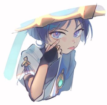 Rule 34 | 1boy, :p, akanbe, black bodysuit, black bridal gauntlets, black hair, blue cape, blue gemstone, blue hat, blunt ends, bodysuit, bridal gauntlets, cape, colored inner hair, cropped torso, eyelid pull, finger to eye, fingernails, gem, genshin impact, gold, gold ring, grey hair, hand up, hat, index finger raised, jingasa, male focus, middle ring, multicolored hair, purple eyes, purple pupils, purple rope, rope, scaramouche (genshin impact), short sleeves, solo, tongue, tongue out, tsurime, ukata, wanderer (genshin impact), white background, white sleeves