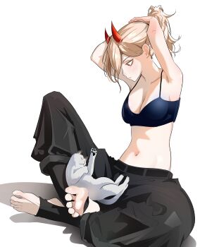 1girl absurdres animal animal_on_lap armpits arms_up black_pants blonde_hair blue_bra bra breasts cat cat_on_lap chainsaw_man demon_girl demon_horns feet highres horns medium_breasts meowy_(chainsaw_man) navel on_ground on_lap orange_eyes ori33 pants power_(chainsaw_man) red_horns simple_background solo tying_hair underwear white_background