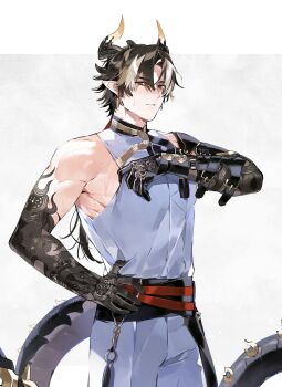 Rule 34 | 1boy, arknights, arm guards, belt, black belt, black hair, border, brown hair, chongyue (arknights), colored extremities, commentary request, cowboy shot, dragon boy, dragon horns, dragon tail, glaring, grey background, highres, horns, ierotak, letterboxed, long hair, looking at viewer, male focus, multicolored hair, muscular, muscular male, pants, pointy ears, red eyes, shirt, single arm guard, sleeveless, sleeveless shirt, solo, streaked hair, tail, white border, white pants, white shirt
