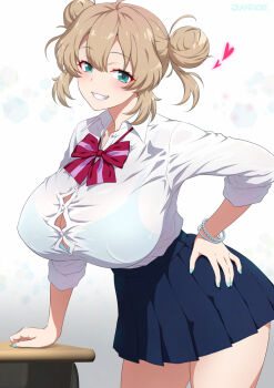 1girl ahoge aqua_eyes aqua_nails artist_name bead_bracelet beads bent_over black_skirt blue_bra bow bowtie bra bra_visible_through_clothes bracelet breasts brown_hair bursting_breasts button_gap collared_shirt desk double_bun fingernails grin gyaru hair_bun hand_on_own_hip hand_rest heart highres huge_breasts jewelry joy_ride leaning_forward long_sleeves looking_at_viewer medium_hair nail_polish original pleated_skirt red_bow red_bowtie school_desk school_uniform see-through_clothes see-through_shirt shirt shirt_tucked_in skirt sleeves_rolled_up smile solo thick_thighs thighs underwear white_shirt