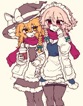 2girls adjusting_scarf apron black_hat black_pantyhose black_skirt black_thighhighs black_vest blonde_hair blue_bow blue_dress blush bow braid braided_sidelock braided_sidelocks closed_mouth collar commentary_request cowboy_shot cup disposable_coffee_cup disposable_cup dress drinking_straw frilled_dress frills hair_between_eyes hair_bow hat hat_bow hat_ribbon highres holding holding_cup izayoi_sakuya jacket kirisame_marisa korean_commentary locked_arms long_hair long_sleeves maid_apron maid_headdress medium_hair messy_hair multiple_girls open_mouth pantyhose pink_hair puffy_long_sleeves puffy_sleeves rampa93 red_eyes red_scarf ribbon scarf shirt simple_background single_braid skirt smile thighhighs touhou vest white_apron white_bow white_collar white_jacket white_ribbon white_shirt witch_hat yellow_background yellow_eyes yuri zettai_ryouiki