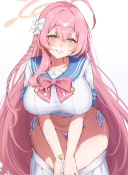1girl absurdres ahoge bent_over bikini bikini_under_clothes blue_archive blue_sailor_collar blush bow braid breasts clothes_pull commentary_request curvy green_eyes hair_between_eyes hair_bow halo hanako_(blue_archive) hanging_breasts highres huge_breasts leaning_forward long_hair looking_at_viewer pink_bow pink_hair pink_halo plump sailor_collar school_uniform serafuku shirt short_sleeves side-tie_bikini_bottom side_braid simple_background single_braid skirt skirt_pull smile solo standing striped_bikini striped_clothes summer_uniform swimsuit taira555555 thick_thighs thighs very_long_hair white_background white_bow white_shirt white_skirt wide_hips