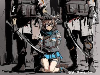 1girl 2boys animal_ears arknights bent_v black_hairband blue_skirt boots brown_eyes brown_hair coat crying crying_with_eyes_open double_v execution forced_smile furrowed_brow gloves grey_boots grey_gloves grey_jacket grey_pants hairband hand_on_another&#039;s_head head_out_of_frame highres holding holding_sword holding_weapon indoors jacket knee_pads kneeling load_bearing_vest long_sleeves looking_down material_growth miniskirt multiple_boys mutomorokoshi on_floor oripathy_lesion_(arknights) pants peril pleated_skirt reunion_soldier_(arknights) rhodes_island_medic_(arknights) scared short_hair short_sleeves skirt standing sword tail tears thigh_strap twitter_username v weapon white_coat white_gloves