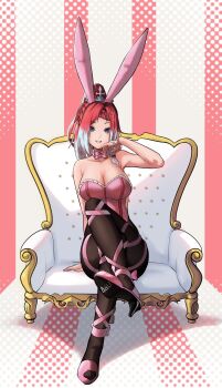 1girl :d absurdres animal_ears ankle_ribbon arm_behind_back bare_shoulders black_pantyhose black_scrunchie blue_eyes bow bowtie braid breasts chair cleavage collar commentary commission crossed_legs crown detached_collar english_commentary fake_animal_ears final_fantasy final_fantasy_xiv frilled_leotard frills full_body hair_ornament hair_scrunchie hand_in_own_hair hand_up haw_(whole_lotta_haw) high_heels highres hyur knee_up kobi420 large_breasts leg_ribbon leotard looking_at_viewer multicolored_hair multiple_braids nontraditional_playboy_bunny on_chair open_mouth original pantyhose pink_background pink_bow pink_bowtie pink_leotard pink_ribbon pink_shoes polka_dot polka_dot_background ponytail rabbit_ears red_hair ribbon scrunchie shoes sitting smile solo teeth thigh_ribbon two-tone_background two-tone_hair warrior_of_light_(ff14) white_background white_collar white_hair