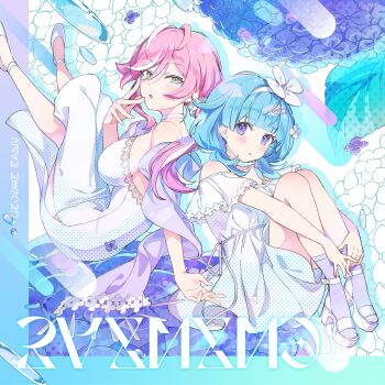 2girls album_cover bare_shoulders blue_hair blunt_bangs breasts character_request chestnut_mouth clover_hair_ornament cover dress flower frilled_dress frills game_cg green_eyes hair_ornament hairband highres hydrangea large_breasts long_hair looking_at_viewer low_twintails medium_dress multicolored_hair multiple_girls non-web_source off-shoulder_dress off_shoulder official_art parted_lips pink_hair purple_eyes short_dress stella_sora streaked_hair twintails white_dress white_hair white_hairband