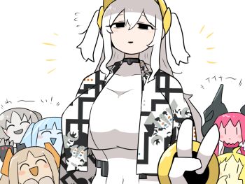 6+girls bags_under_eyes black_eyes blonde_hair blue_hair blue_skin blush_stickers bodysuit breasts brown_hair closed_mouth colored_skin commentary dot_mouth drago_(kasugai_(de-tteiu)) eleki_(kasugai_(de-tteiu)) fewer_digits flying_sweatdrops gen_3_pokemon gen_4_pokemon gen_8_pokemon grey_hair grey_skin huge_breasts ice_(kasugai_(de-tteiu)) jacket kasugai_(de-tteiu) legendary_pokemon long_hair makhia_(kasugai_(de-tteiu)) mask mask_on_head multiple_girls nintendo o3o open_clothes open_jacket patterned_clothing personification pink_skin pokemon red_hair regice regidrago regieleki regigigas regirock registeel rock_(kasugai_(de-tteiu)) sidelocks steel_(kasugai_(de-tteiu)) tall_female translated two_side_up v white_bodysuit white_hair yellow_skin |_|