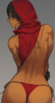 1girl ass black_hair dark-skinned_female dark_skin dungeons_&amp;_dragons dungeons_&amp;_dragons:_chronicles_of_mystara earrings expressionless grey_background highres hoop_earrings jewelry looking_at_viewer looking_back moriah_(chronicles_of_mystara) morry muscular muscular_female panties red_hood red_panties side-tie_panties simple_background solo underwear