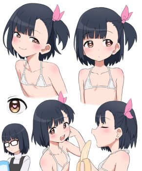 1girl banana bikini black_hair brown_eyes bubukka flat_chest food fruit glasses hair_ribbon heart heart-shaped_pupils loli micro_bikini multiple_views original ribbon short_hair simple_background swimsuit symbol-shaped_pupils tachibana_momoka_(bubukka) white_background white_bikini