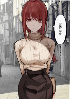 Rule 34 | 1girl, arms behind back, braid, braided ponytail, breasts, brown skirt, chainsaw man, closed mouth, commentary request, cowboy shot, highres, large breasts, long hair, looking at viewer, makima (chainsaw man), mame1645, red eyes, red hair, ringed eyes, sidelocks, skirt, smile, solo, speech bubble, sweater, sweater tucked in, translation request, yellow sweater