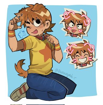 0nougat 1boy animal_ears blue_background blush border collar commentary corrupted_twitter_file dog_boy dog_ears dog_tail english_commentary extra_ears highres inset kemonomimi_mode male_focus one_eye_closed open_mouth orange_hair paw_pose scott_pilgrim scott_pilgrim_(series) seiza shirt short_hair simple_background sitting solo_focus star_(symbol) star_print tail white_border wristband yellow_shirt
