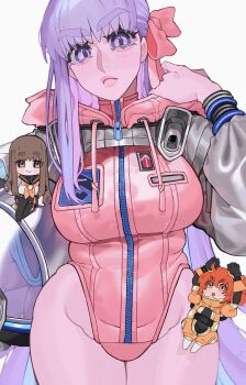 3girls absurdres bb_(fate) bb_cosmo_(fate) breasts brown_hair chibi fate/grand_order fate_(series) fujimaru_ritsuka_(female) fujimaru_ritsuka_(female)_(captain_chaldea) gloves grey_gloves grey_sleeves helmet highres jumpsuit kishinami_hakuno_(female) kishinami_hakuno_(female)_(mooncancer) leotard lips long_hair looking_at_viewer multiple_girls orange_hair pink_hair pink_hood pink_jumpsuit pink_leotard purple_hair smile solo_focus space_helmet spacesuit upper_body very_long_hair zipper