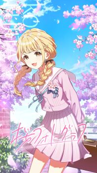 1girl blonde_hair brick_wall briefcase bush buttons cherry_blossoms cloud english_text fang flower fujita_kotone gakuen_idolmaster game_cg holding idolmaster japanese_text low_twin_braids official_art open_mouth petals pink_skirt sailor_collar sakura_photograph_(idolmaster) skin_fang skirt solo twin_braids yellow_eyes