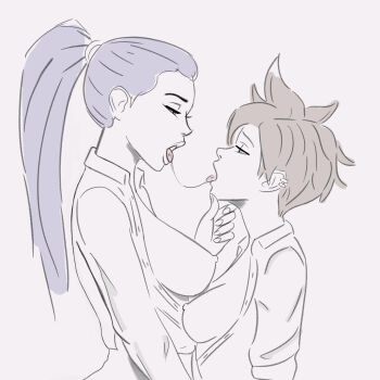 2girls after_kiss breasts breasts_out brown_hair commentary english_commentary half-closed_eyes height_difference highres large_breasts long_hair medium_breasts multiple_girls nipples no_bra ocean_(oveanman) open_clothes open_mouth open_shirt overwatch ponytail purple_hair saliva saliva_trail short_hair simple_background spiked_hair spot_color tongue tongue_out tracer_(overwatch) white_background widowmaker_(overwatch) yuri