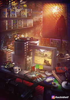 absurdly_detailed_composition age_of_empires_(series) age_of_empires_i alyx_vance artist_name atari atari_2600 baldur&#039;s_gate battlefield_(series) battlefield_1942 bitten box can cd cd_case chair civilization_(series) coat_rack coca-cola command_&amp;_conquer commentary commodore_64 commodore_pet computer computer_keyboard computer_mouse computer_tower controller counter-strike counter-strike_(series) crt cup cypher_(matrix) day_of_the_tentacle desk desk_lamp deus_ex deus_ex_(2000) diablo diablo_(series) diablo_1 donut doom_(series) doom_i doomguy drink_can duke_nukem duke_nukem_(character) duke_nukem_(series) duke_nukem_3d dungeons_&amp;_dragons dungeons_&amp;_dragons english_commentary everquest fallout fallout_2 film_grain floppy_disk food frodo_baggins game_controller gordon_freeman grand_theft_auto grand_theft_auto:_vice_city grim_fandango half-life half-life_(series) hard_drive headphones headset heart highres imp_(doom) indoors instagram instagram_username joystick lamp lara_croft light_rays loaded_interior magazine_(object) max_payne max_payne_(character) max_payne_(series) microsoft_windows monitor monkey_island morpheus_(matrix) mousepad_(object) mug neo_(the_matrix) no_humans paper_towel pizza_hut poster_(medium) quake_(series) quake_3_arena rachid_lotf scenery shadow silent_hill_(series) silent_hill_2 soda_can sony space_quest speaker star_wars starcraft sticky_note sunbeam sunlight system_shock_2 the_elder_scrolls the_elder_scrolls_iii:_morrowind the_lord_of_the_rings the_matrix tolkien&#039;s_legendarium tomb_raider trinity ufo unreal_tournament warcraft warcraft_iii window_blinds windows_95 windows_classic windows_xp wolfenstein_(series) wolfenstein_3d x-com x-com_(classic)