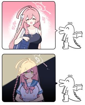 1girl absurdres ahoge bag blue_archive bow braid breasts closed_eyes commentary_request dragon green_eyes hair_between_eyes hair_bow halo hanako_(blue_archive) highres large_breasts long_hair looking_at_viewer open_mouth pekeko_(pepekekeko) pink_hair sailor_collar school_bag school_swimsuit school_uniform serafuku short_sleeves smile star_(symbol) suki_na_souzai_happyou_dragon_(utau) swimsuit trinity_general_school_logo trinity_general_school_swimsuit wings wristband