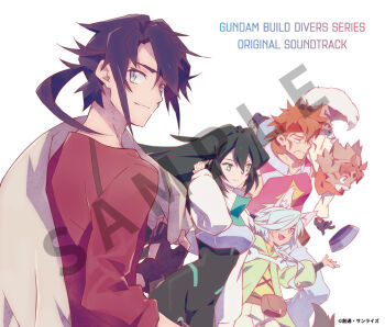 Rule 34 | 1girl, 4boys, album cover, animal ears, aqua eyes, black hair, blue eyes, blue hair, bodysuit, brown eyes, brown hair, commentary, cover, dog ears, everyone, fox ears, freddie (gundam build divers re:rise), frown, furry, gundam, gundam build divers, gundam build divers re:rise, hair over one eye, hand in own hair, hara kazuhiro, hiroto (gundam build divers re:rise), kazami (gundam build divers re:rise), kuga hiroto, light smile, looking back, may (gundam build divers re:rise), multiple boys, official art, on shoulder, parviz (gundam build divers re:rise), red shirt, sample watermark, second-party source, shirt, shrug (clothing), torimachi kazami, watermark, white background