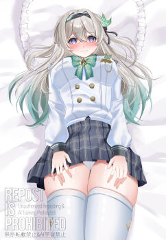 1girl absurdres aqua_bow aqua_bowtie black_hairband black_ribbon black_skirt blue_eyes blue_hair blue_pupils blush bow bowtie breasts buttons closed_mouth commentary_request embarrassed emblem firefly_(honkai:_star_rail) firefly_(spring_missive)_(honkai:_star_rail) floral_print frills gradient_hair grey_hair hair_between_eyes hair_ornament hair_ribbon hairband highres honkai:_star_rail honkai_(series) large_breasts leaf_hair_ornament long_hair long_sleeves looking_at_viewer lying miniskirt multicolored_eyes multicolored_hair official_alternate_costume on_back on_bed panties pillow plaid_bow plaid_bowtie plaid_clothes pleated_skirt puffy_long_sleeves puffy_sleeves purple_eyes ribbon sailor_collar school_uniform serafuku shirt skirt solo tearing_up thighhighs thighs underwear user_xdhu4853 watermark wavy_hair white_panties white_serafuku white_shirt white_thighhighs