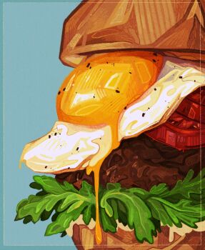 blue_background border bread bread_bun burger commentary dripping egg egg_(food) egg_yolk english_commentary food food_focus fried_egg highres lettuce liquid meat no_humans original quezify simple_background still_life tomato tomato_slice vegetable yellow_border