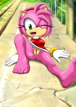 absurdres amy_rose bare_legs barefoot bbmbbf bracelet dress eyelashes feet gloves green_eyes hairband hedgehog highres jewelry legs lying medium_hair mobius_unleashed no_panties one_eye_closed open_mouth palcomix perineum pink_fur pink_hair pussy sega smile soles sonic_(series) toes wink