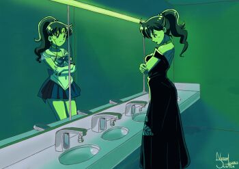 1girl artist_name ass back bishoujo_senshi_sailor_moon black_dress breasts different_reflection dress dual_persona gloves green_light green_theme highres kino_makoto looking_at_mirror magical_girl mirror nanaeljustice reflection sailor_jupiter sailor_senshi_uniform signature skirt standing