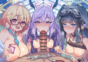1boy 3girls :>= abs ahoge animal_ears bar_censor between_breasts black_hair blonde_hair blue_archive blue_eyes blue_necktie breasts breasts_out censored collar collared_shirt commentary_request condom condom_wrapper dog_ears dog_girl fellatio floating_headgear glasses goggles goggles_on_head group_sex hair_bobbles hair_ornament hanging_breasts harem headgear heart heart-shaped_pupils hetero hibiki_(blue_archive) inverted_nipples kotori_(blue_archive) large_breasts looking_at_viewer looking_down lying medium_breasts mimonel multiple_girls necktie necktie_between_breasts on_back oral penis pov purple_collar purple_eyes purple_hair red_eyes semi-rimless_eyewear sensei_(blue_archive) shirt symbol-shaped_pupils tareme tools twintails upper_body utaha_(blue_archive) white_shirt wrench