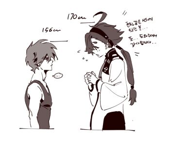 ... 1boy 1girl ahoge commentary_request doctahmem gundam gundam_suisei_no_majo gundam_wing hairband heero_yuy height_difference korean_commentary korean_text long_hair low-tied_long_hair monochrome nervous speech_bubble spoken_ellipsis suletta_mercury super_robot_wars super_robot_wars_y tank_top translation_request twiddling_fingers