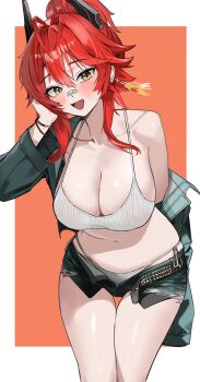 1girl absurdres bandaid bandaid_on_face bandaid_on_nose blush border breasts cleavage collarbone cowboy_shot denim denim_jacket denim_shorts exposed_pocket goddess_of_victory:_nikke highres horns huge_breasts jacket looking_at_viewer mechanical_horns official_alternate_costume outside_border panties red_hair red_hood_(nikke) red_hood_(retro_days)_(nikke) seueo shorts side-tie_panties sidelocks solo tank_top thighs underwear unzipped white_border white_panties white_tank_top yellow_eyes