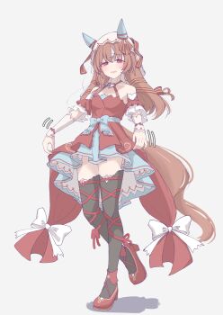 1girl absurdres blush breasts brown_hair commentary_request detached_sleeves full_body hair_between_eyes hair_ornament highres horse_girl looking_at_viewer red_eyes small_breasts solo standing standing_on_one_leg still_in_love_(umamusume) thighhighs tofu_thunder umamusume veil white_background