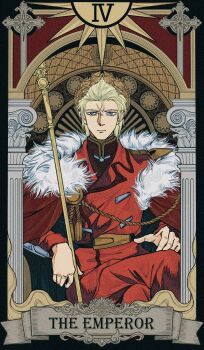 1boy aiguillette blue_eyes bright_pupils cape card_(medium) char&#039;s_counterattack char_aznable closed_mouth commentary_request crossed_legs fur-trimmed_cape fur_trim gundam highres jacket laurel_crown looking_at_viewer male_focus mikazuki121410 military_jacket military_uniform pillar red_cape red_jacket sitting sitting_on_throne solo staff straight-on tarot tarot_(medium) white_pupils