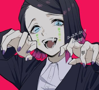 1boy 2023 :d artist_name black_hair black_jacket blue_eyes buttons colored_tips dated demon_boy enmu_(kimetsu_no_yaiba) facial_mark fangs finger_tattoo hands_up jacket kawazu_(kwzuuun) kimetsu_no_yaiba male_focus multicolored_hair open_mouth portrait purple_nails raised_inner_eyebrows red_background saturated_background signature simple_background smile solo symbol-shaped_pupils tattoo tears_facial_mark trap undershirt wing_collar