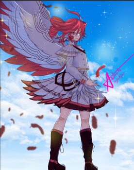 1girl ahoge astartefrost belt black_boots blue_sky boots buttons cloud cloudy_sky collar commentary dated drill_hair english_commentary feather_hair feathers frilled_skirt frills from_behind grey_shirt hair_between_eyes half-harpy highres huge_ahoge idol idol_clothes kasane_teto long_sleeves looking_back medium_hair monsterification multicolored_feathers red_eyes red_feathers red_hair red_trim shirt shoulder_belt signature skirt sky solo sparkle spread_wings synthesizer_v thigh_boots twin_drills utau watermark