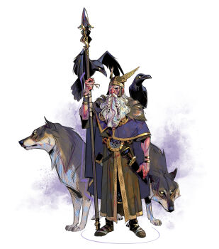 1boy absurdres animal beard bird braid crow dannyrusson european_clothes facial_hair glowing glowing_eye helmet highres holding holding_polearm holding_weapon norse norse_mythology odin one-eyed polearm runes solo spear weapon white_background winged_helmet wolf