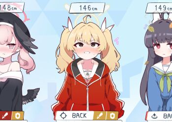 3girls ^^^ ahoge arms_at_sides bare_shoulders beret black_hair black_hat black_shirt black_wings blonde_hair blue_archive blue_background blue_shirt blush bra_strap brown_eyes clenched_teeth closed_mouth collarbone cross english_text feathered_wings female_focus flat_chest flying_sweatdrops green_neckerchief grey_halo hair_ribbon halo hat head_wings headgear height height_conscious hood hood_down jacket koharu_(blue_archive) kurosaki_kousuke leaf leaf_on_head long_hair long_sleeves looking_up low_wings matching_hair/eyes mini_wings miyu_(blue_archive) multiple_girls multiple_wings neckerchief nose_blush pink_eyes pink_hair red_halo red_jacket ribbon sailor_collar school_uniform serafuku shirt sidelocks solo_focus standing straight-on sweat teeth twintails upper_body v-shaped_eyebrows wavy_mouth white_ribbon white_sailor_collar white_shirt wings yellow_halo yoshimi_(blue_archive) zipper_pull_tab