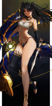 1girl anklet armlet arrow_(projectile) bikini black_hair border bow_(weapon) breasts cleavage closed_mouth commentary_request earrings fate/grand_order fate_(series) floating_hair foot_out_of_frame glint gold_earrings highres holding holding_arrow hoop_earrings huge_weapon iknsk ishtar_(fate) jewelry long_hair looking_at_viewer medium_breasts mismatched_bikini navel neck_ring pillarboxed red_eyes single_sleeve single_thighhigh sky smile solo space star_(sky) starry_sky stomach swimsuit thighhighs thighs tiara two_side_up very_long_hair weapon white_border